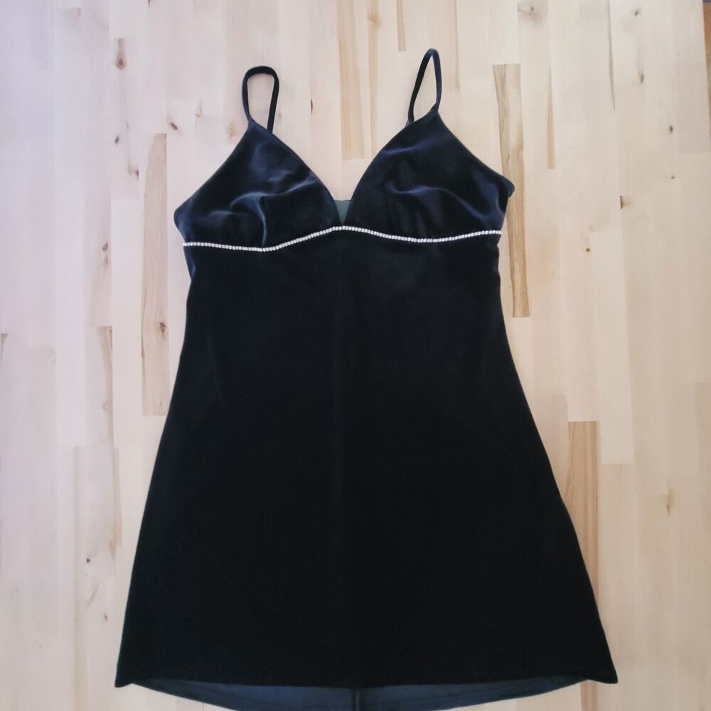Black Velvet Mini Party Dress w/ Rhinestone Strappy Sexy Date Vegas Wedding